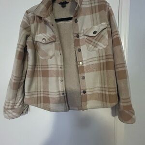 Eddie Bauer Plaid Teddy Jacket in Tan and Cream
